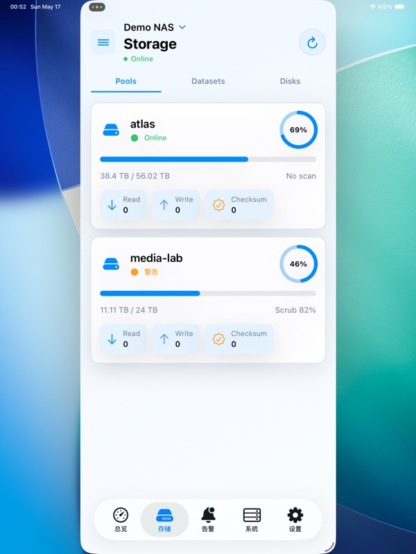 TrueMonitor storage screenshot showing ZFS pool usage and scrub status